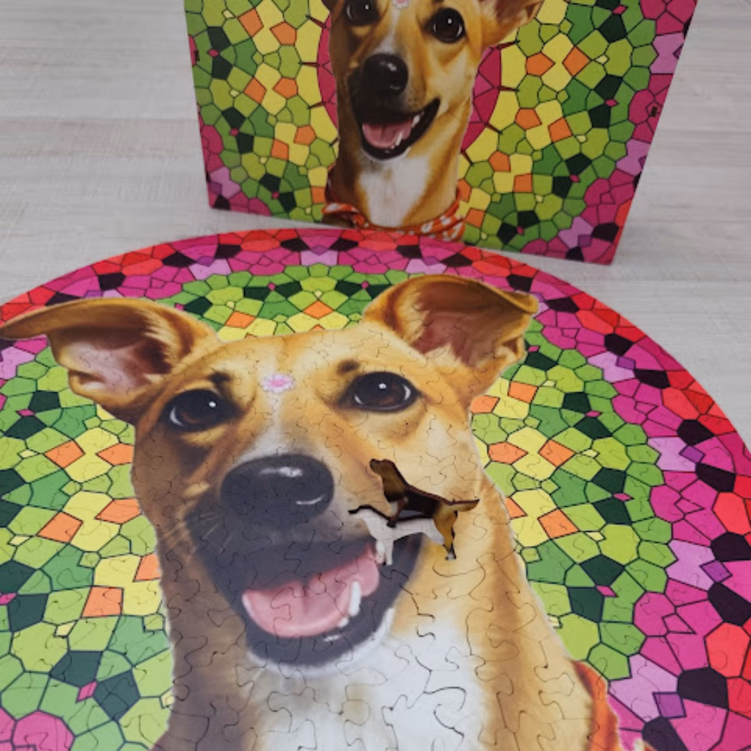 Quebra-Cabeça Love Pet de madeira com foto e impressão permanente 257 peças (45cm de diâmetro) com caixa de madeira Personalizada