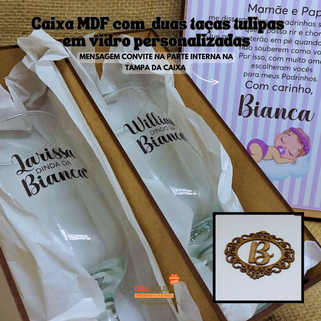 Kit Convite Caixas MDF Personalizada com Duas Taças de Vidro