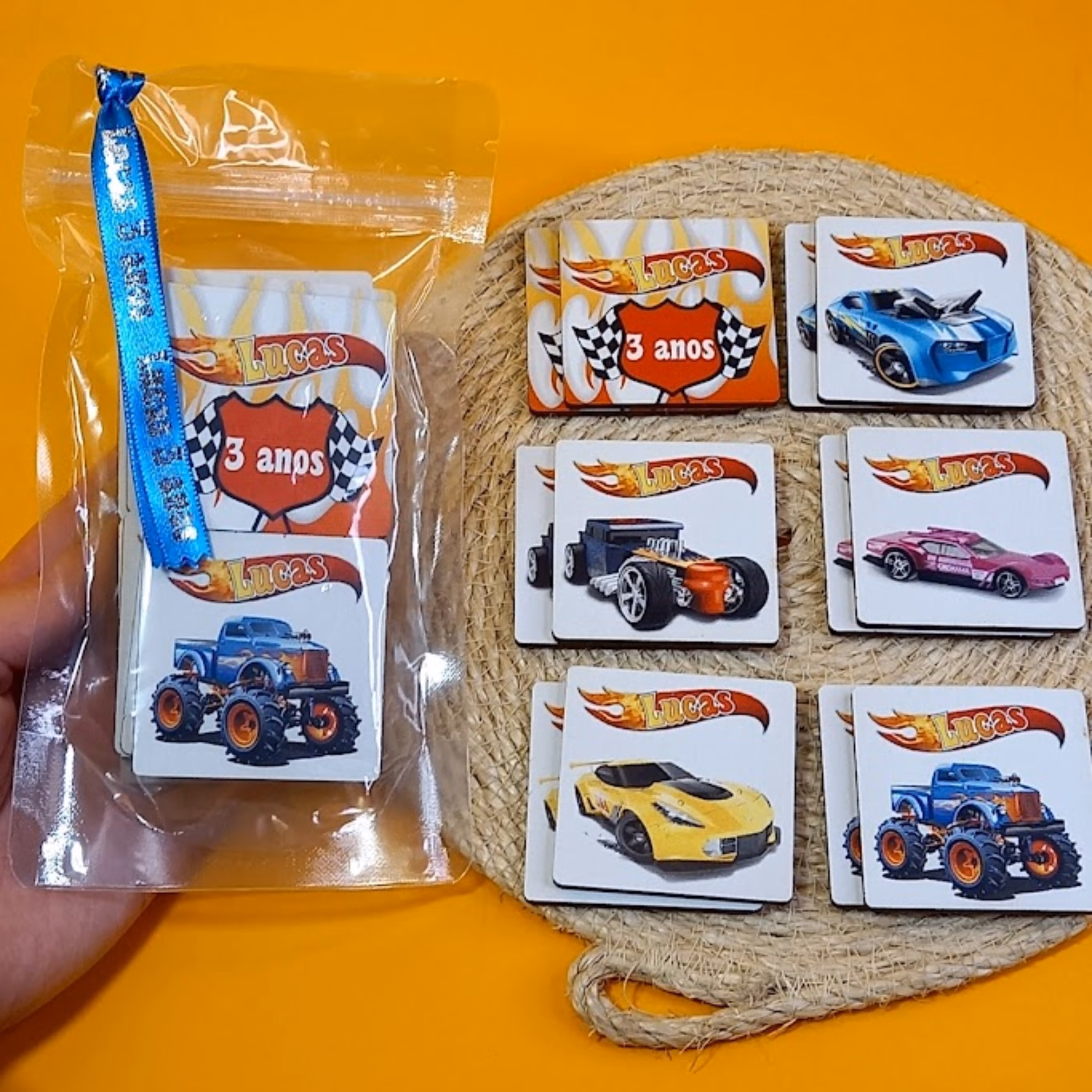 Jogo da Memória em MDF com 12peças 6 pares Personalizado com impressão permanente e com saco Zip Lock + Fita Personalizada
