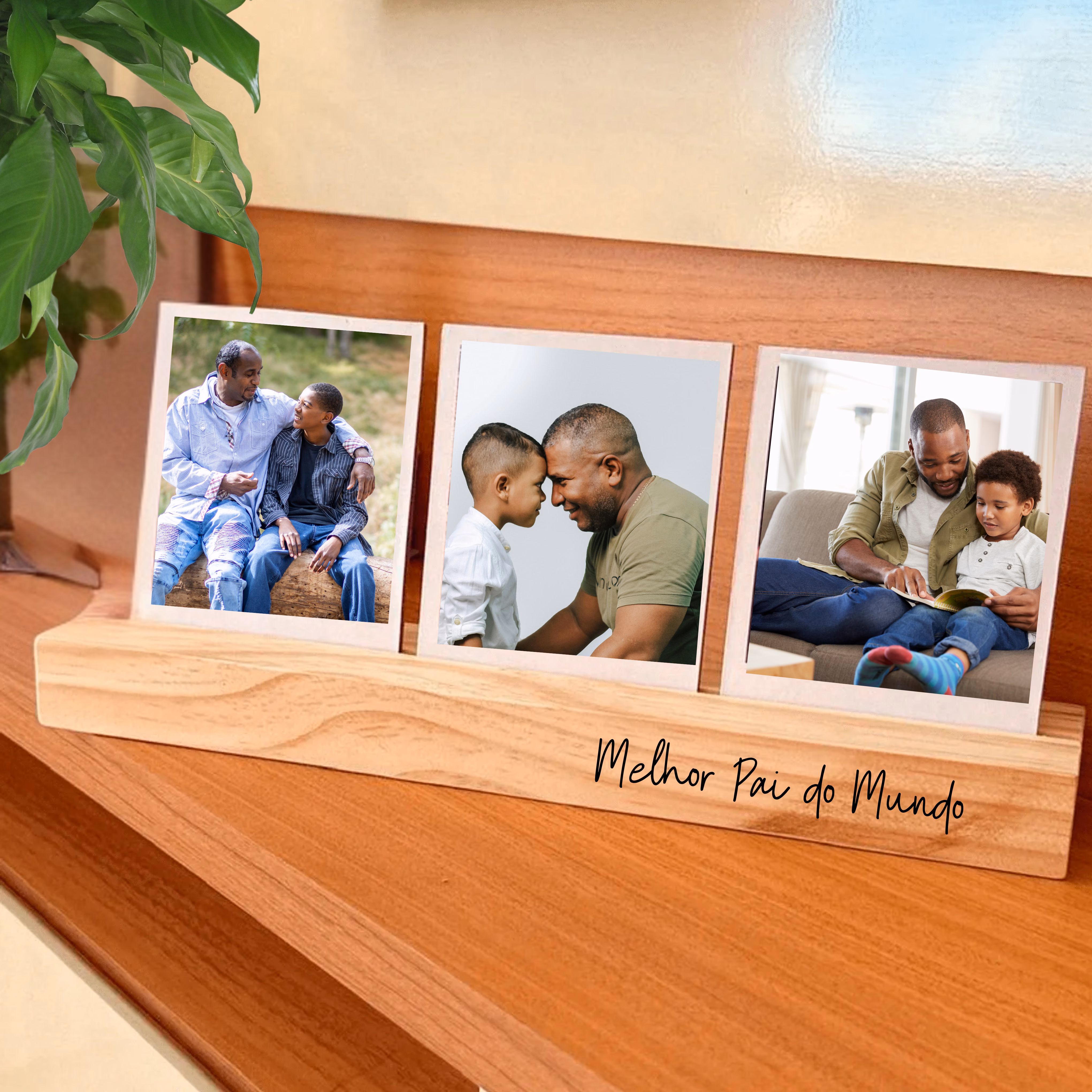 Porta Retrato com Base de Pinus 3 fotos com impressão permanente no acrilico