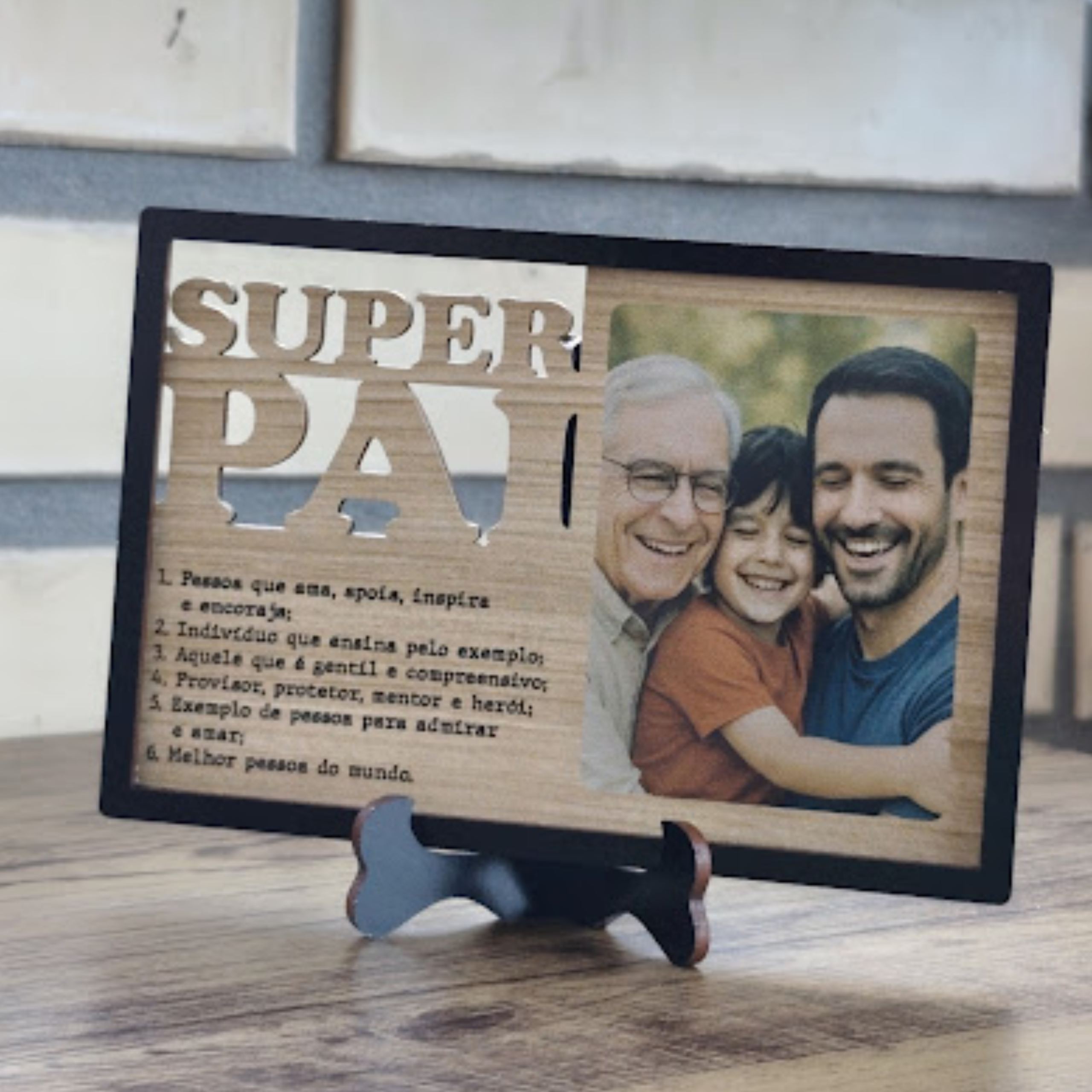 Quadro em madeira com moldura com Foto Super Pai + mensagem